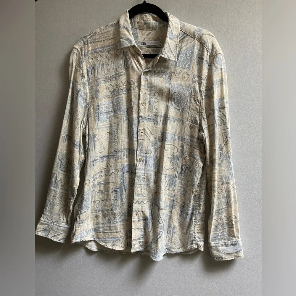 Zara Printed Collared Button Up Long Sleeve Shirt Cream White L